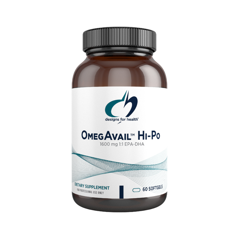 An image of a white suppleemnt bottle that says designs for health Omegavail HI-Po 1600mg 1:1 EPA-DHA 60 Soft gels