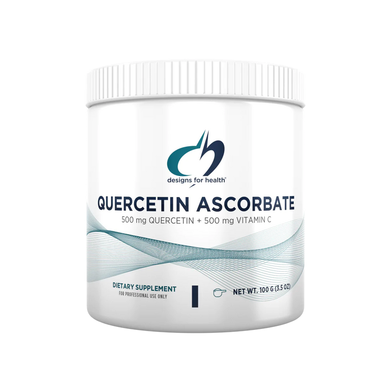 A white supplement bottle that says quercetin ascorbate, 500mg quercetin + 500mg vitamin C