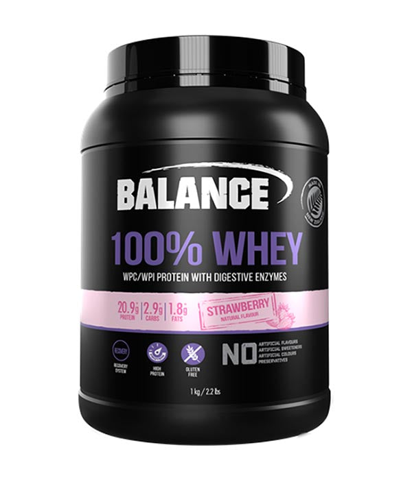 A Supplement container with the name 100% Whey by Balance. Ingredients 100% Whey Chocolate flavour: Balance Protein Blend (92%) [Whey Protein Concentrate, Whey Protein Isolate, Emulsifiers (Sunflower Lecithin, Soy Lecithin)], Cocoa Powder, Natural Flavours, Thickeners (Sodium Carboxymethylcellulose, Xanthan Gum), Digestive Enzymes (0.4%) (Bromelain, Papain), Salt, Natural Sweeteners (Thaumatin, Steviol Glycosides).  Contains: Milk & Soy products.