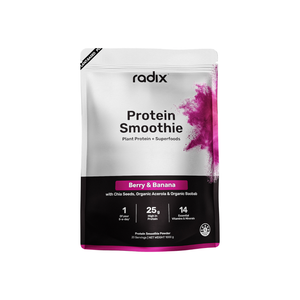 A Supplement bag with the Protein Smoothie (Berry & Banana) by Radix Nutrition.