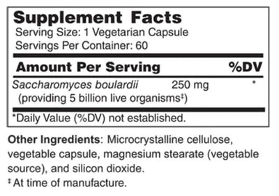 Text describing the ingredients: Saccharomyces boulardii (providing 5 billion live organisms)