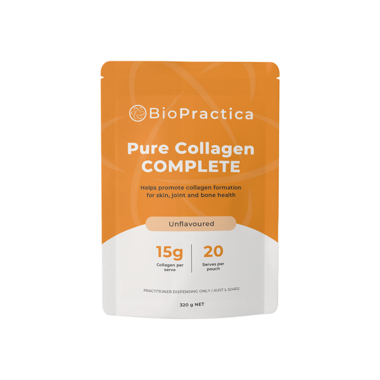 A supplement container of Pure Collagen Complete (320g) by Bio-Practica
