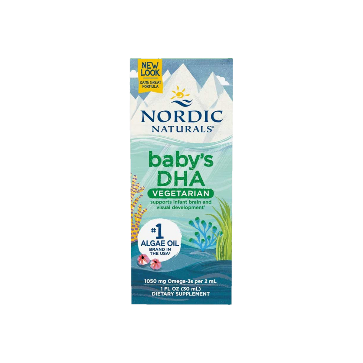 A Supplement container with the name Baby's DHA Vegetarian by Nordic Naturals.