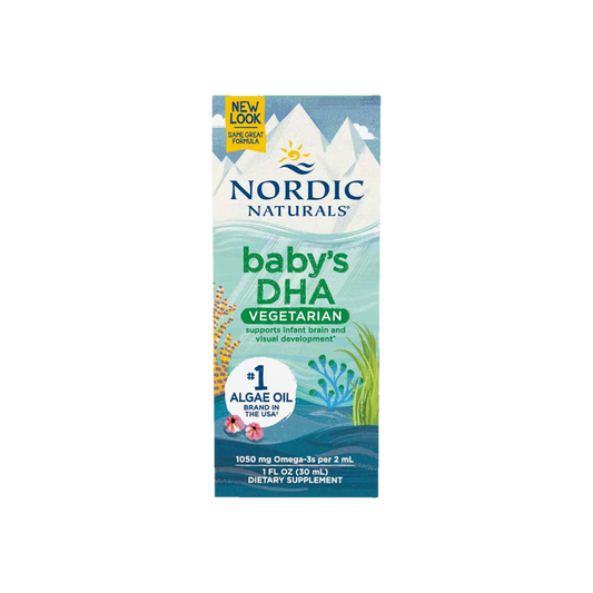 A Supplement container with the name Baby's DHA Vegetarian by Nordic Naturals.