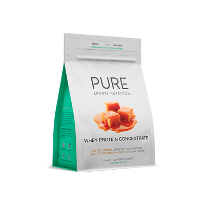 A Supplement bag with the name Whey Protein Concentrate (Salted Caramel 500g) by Pure Sports Nutrition.