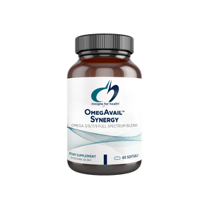 A supplement container of OmegAvail Synergy by Designs for Health - USA