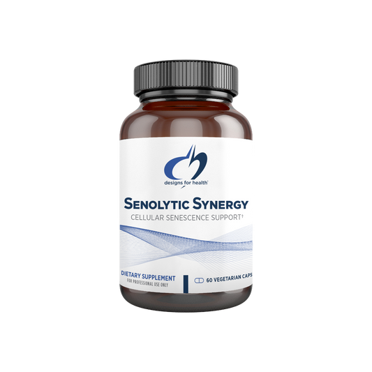 A supplement container of Senolytic Synergy by Designs for Health - USA