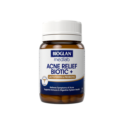A supplement container of Acne Relief Biotic (Previously Lactoferrin Enhanced) by Medlab