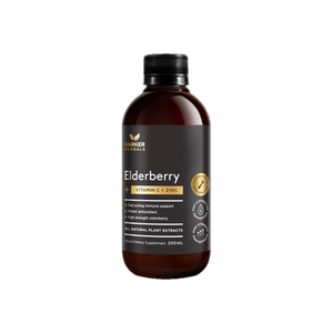 A supplement container of Elderberry + Vitamin C + Zinc by Harker Herbals