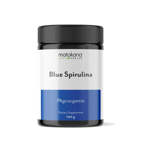 A supplement container of Blue Spirulina by Matakana Superfoods