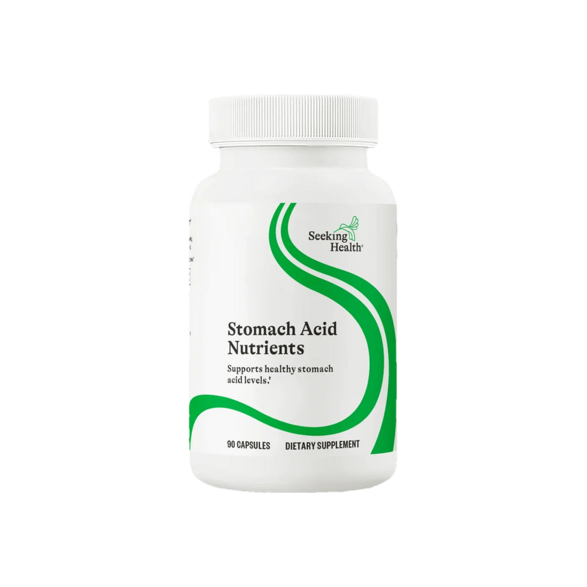 A Supplement container with the name Stomach Acid Nutrients by Seeking Health.