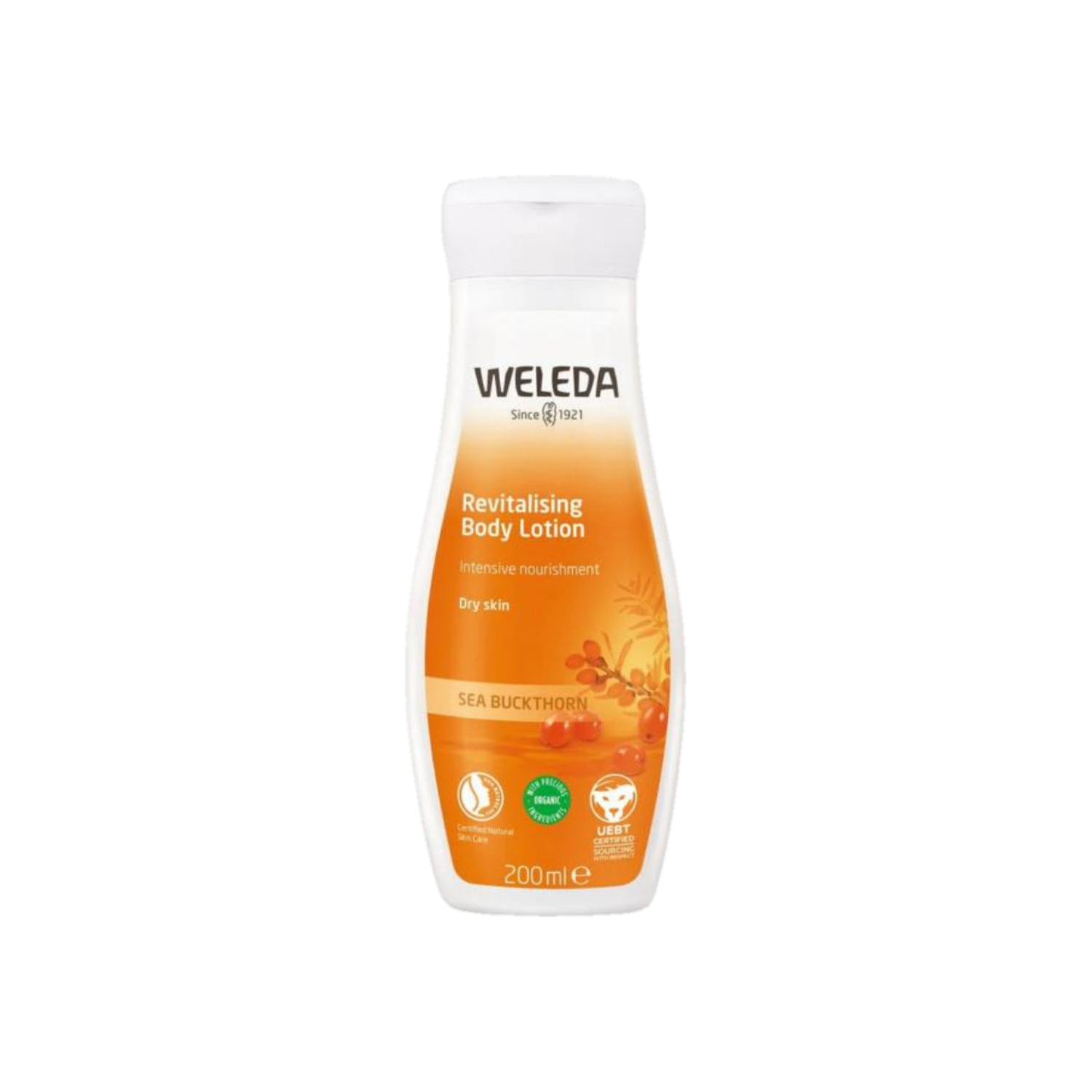 A 200ml bottle of Weleda Revitalising Body Lotion in Sea Buckthorn.