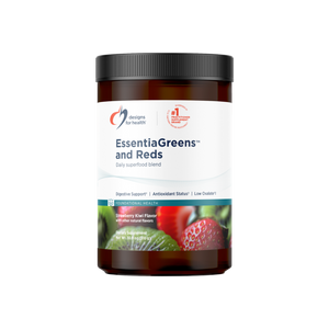 A supplement container of EssentiaGreens and Reds 310g (Strawberry Kiwi) by Designs for Health - USA