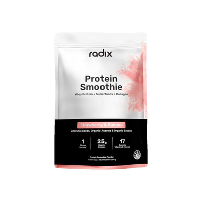 A Supplement bag with the name Whey Protein Smoothie (Strawberry & Banana) by Radix Nutrition).