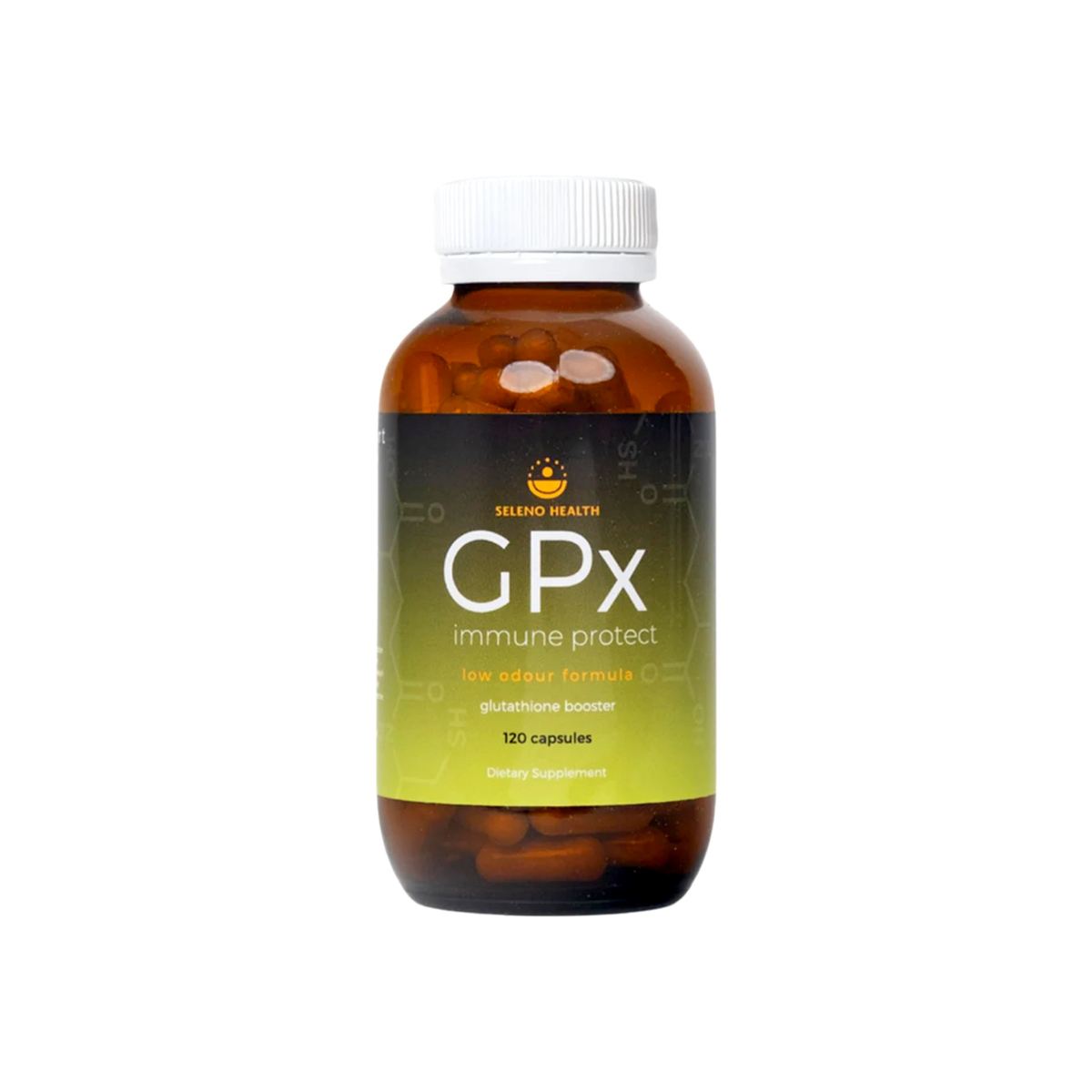 A supplement container of GPx Immune Protect by Seleno Health (Retail)