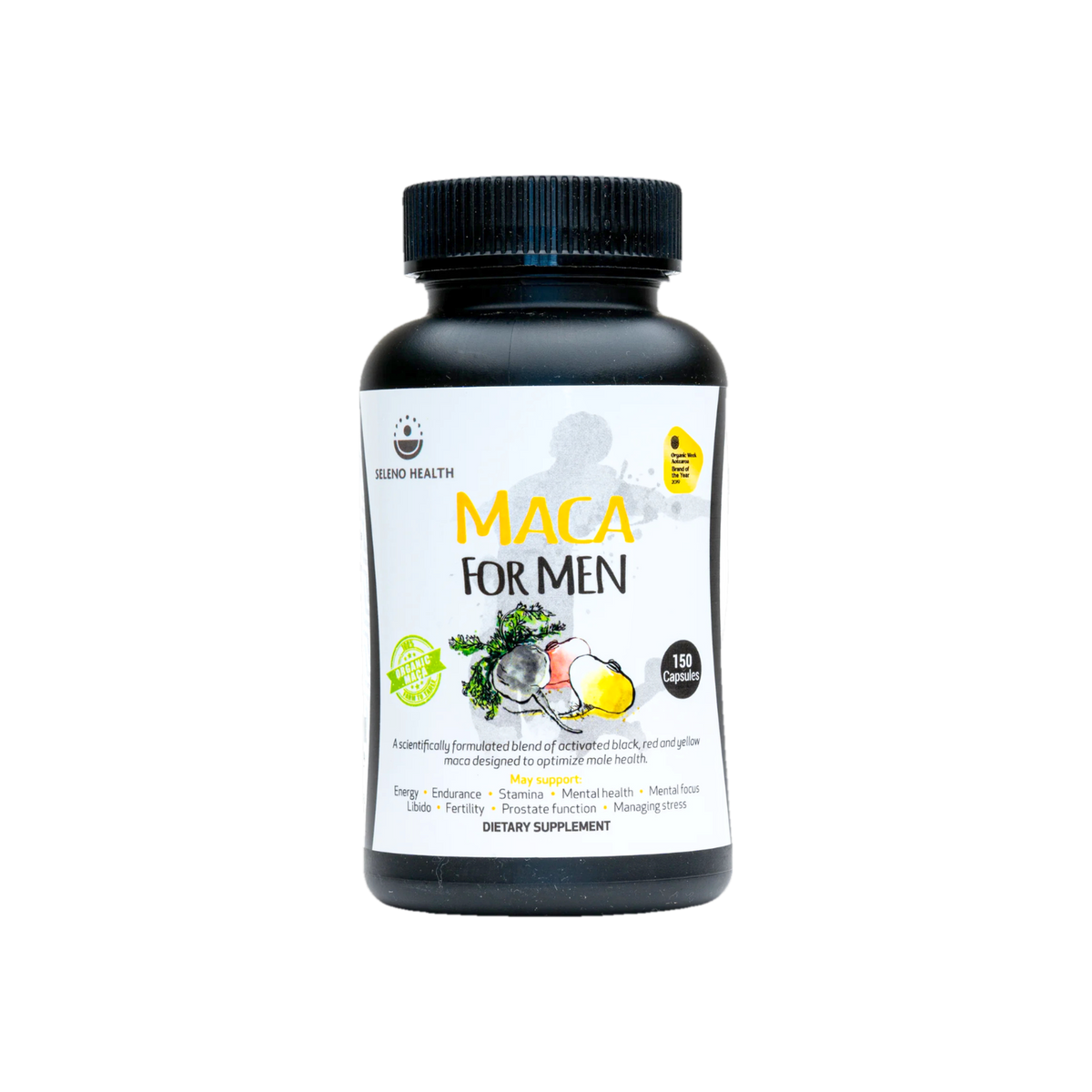 A supplement container of Maca for Men by Seleno Health (Retail)