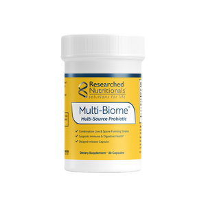 A supplement container of Multi-Biome by Researched Nutritionals