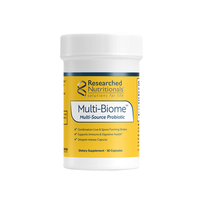 A supplement container of Multi-Biome by Researched Nutritionals