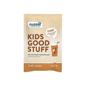 A supplement container of Kids Good Stuff x10 Sachet Box (Vanilla Caramel) by Nuzest (Retail)