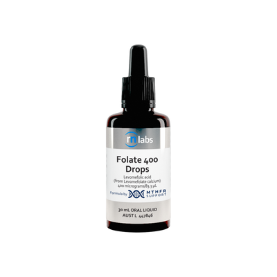 A supplement container of MTHFR (RN Labs) Folate 400 Drops by MTHFR Support
