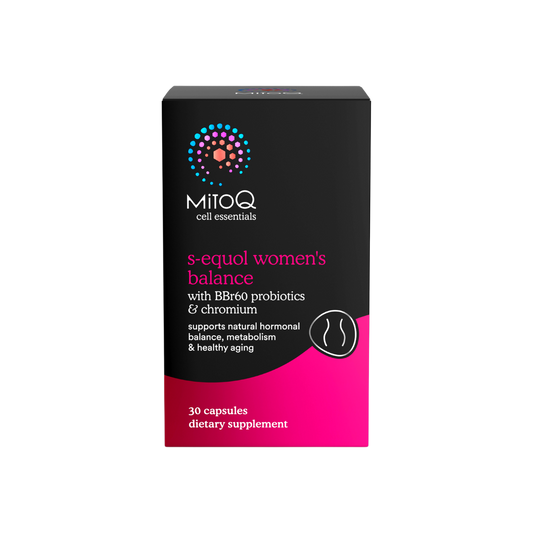 A supplement container of MitoQ S-equol Women's Balance by MitoQ