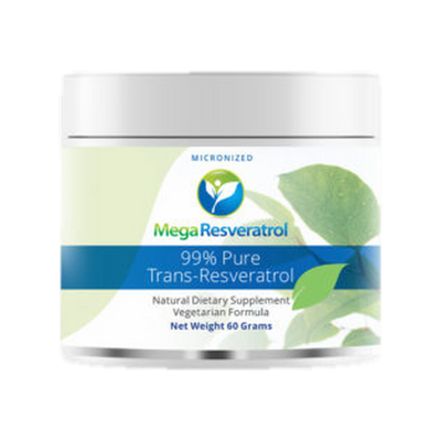 A supplement container of 99% Trans-Resveratrol Powder by MegaResveratrol