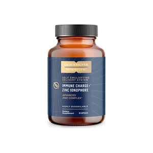 A supplement container of Immune Charge+ Zinc Ionophore by Quicksilver