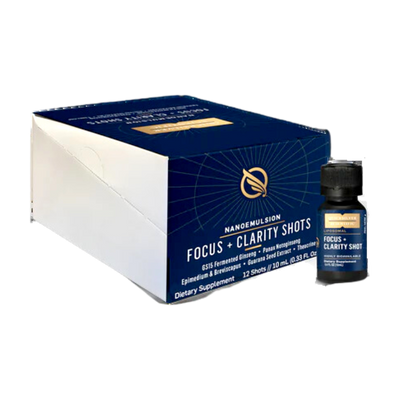 A supplement container of Focus + Clarity Shots by Quicksilver