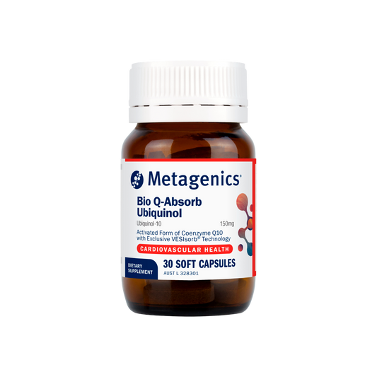 A supplement container of Bio Q-Absorb Ubiquinol by Metagenics