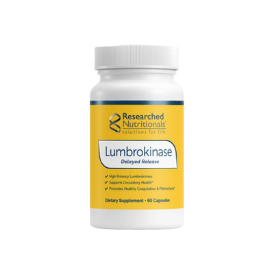 A Supplement container with the name Lumbrokinase by Researched Nutritionals