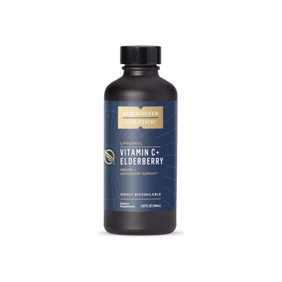 A supplement container of Vitamin C+ Elderberry™ - liposomal by Quicksilver