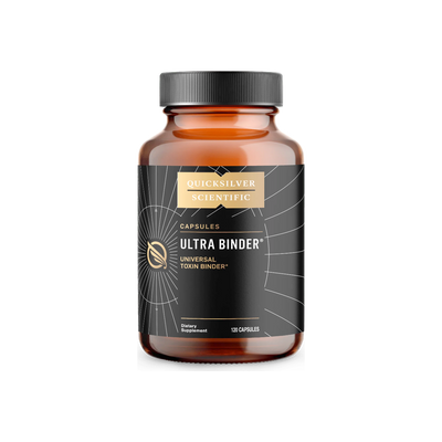 A Supplement container with the name Ultra Binder Universal Toxin Binder 120 Caps by Quicksilver.