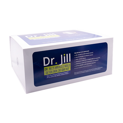 A supplement container of Dr. Jill's Miracle Mould Detox Box (Protocol) by Quicksilver