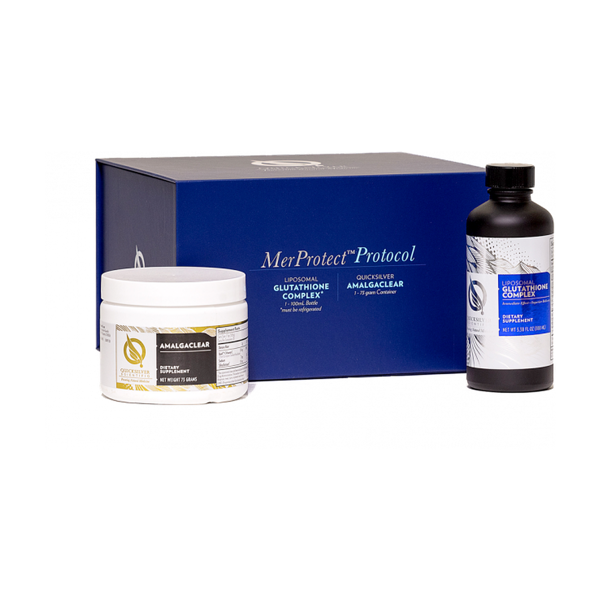 A supplement container of MerProtect™ (Protocol) Amalgam Dental Detox by Quicksilver