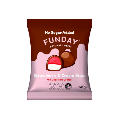 A supplement container of Milk Chocolate Strawberry & Cream Bites by Funday Natural Sweets