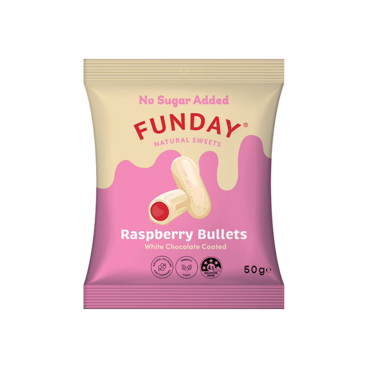 A supplement container of White Chocolate Raspberry Bullets by Funday Natural Sweets