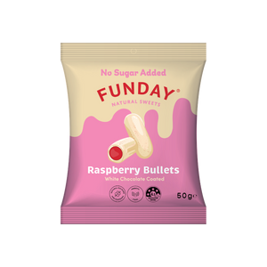 A supplement container of White Chocolate Raspberry Bullets by Funday Natural Sweets