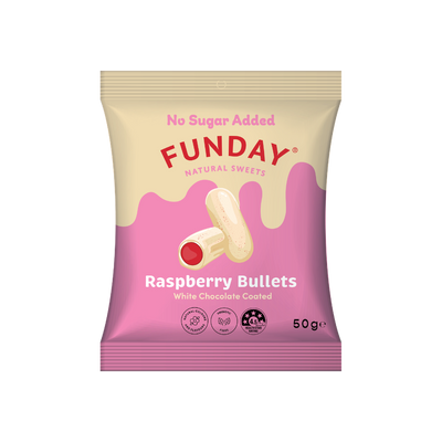 A supplement container of White Chocolate Raspberry Bullets by Funday Natural Sweets