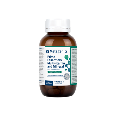 A supplement container of Prime Essentials Multivitamin and Minerals by Metagenics