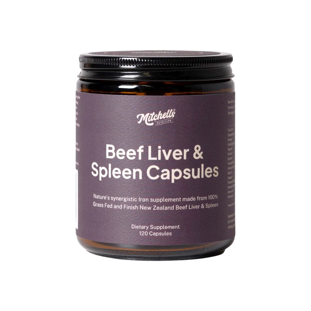 A supplement container of Beef Liver & Spleen Capsules by Mitchells Nutrition