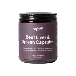 A supplement container of Beef Liver & Spleen Capsules by Mitchells Nutrition
