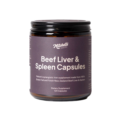 A supplement container of Beef Liver & Spleen Capsules by Mitchells Nutrition
