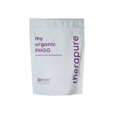 A supplement container of MTHFR (TheraPure) Organic Partially Hydrolysed Guar Gum (PHGG) by MTHFR Support