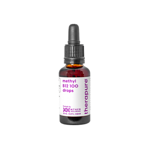 A supplement container of MTHFR (TheraPure) Methyl B12 100 Drops by MTHFR Support