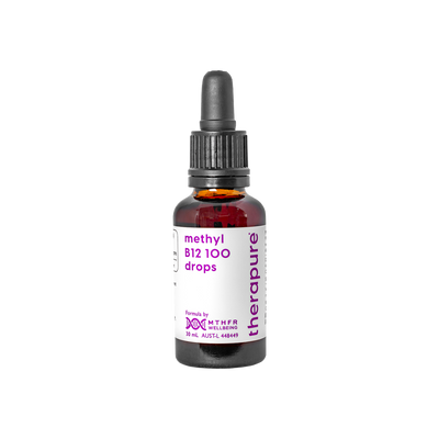 A supplement container of MTHFR (TheraPure) Methyl B12 100 Drops by MTHFR Support
