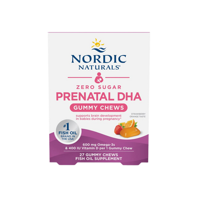 A supplement container of Zero Sugar Prenatal DHA Gummies 27s by Nordic Naturals