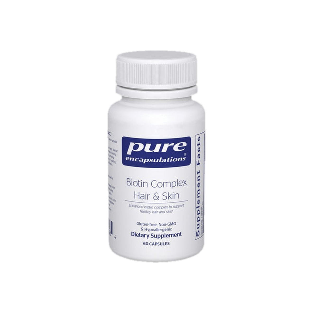 A supplement container of Biotin Complex Hair & Skin 60c by Pure Encapsulations