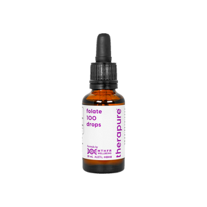 A supplement container of folate 100 drops 30ml by Therapure