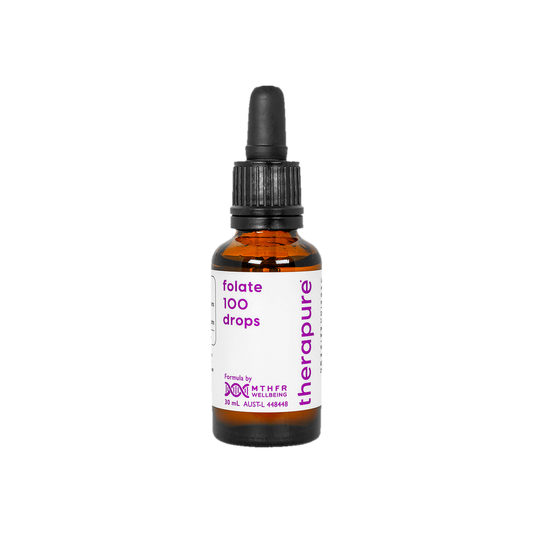 A supplement container of folate 100 drops 30ml by Therapure