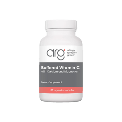A supplement container of Buffered Vitamin C 120c by Allergy Research Group